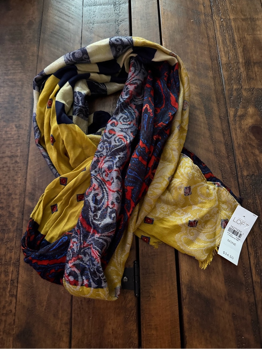 NWT LOFT Multicolor Paisley & Geometric Scarf in Mustard, Navy & Red Rayon